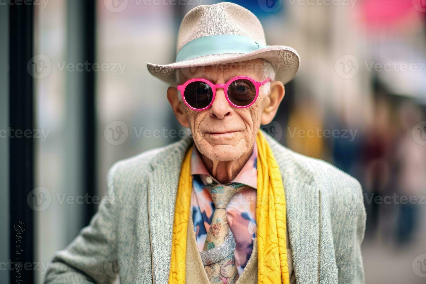 een elegant ouderen Mens gekleed in modieus kleding, presentatie van hoe ze omhelzing stroom mode trends. generatief ai foto