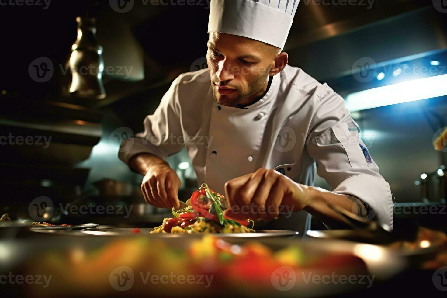 een dichtbij - omhoog schot van een chef in een professioneel keuken, vakkundig voorbereidingen treffen een gerecht. generatief ai foto