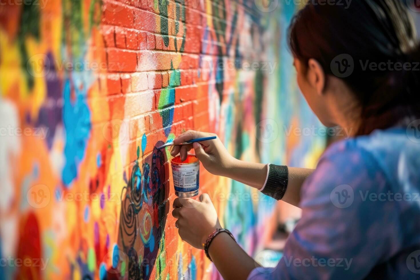 een dichtbij - omhoog schot van een creatief jong artiest schilderij een levendig muurschildering Aan een stad muur. generatief ai foto