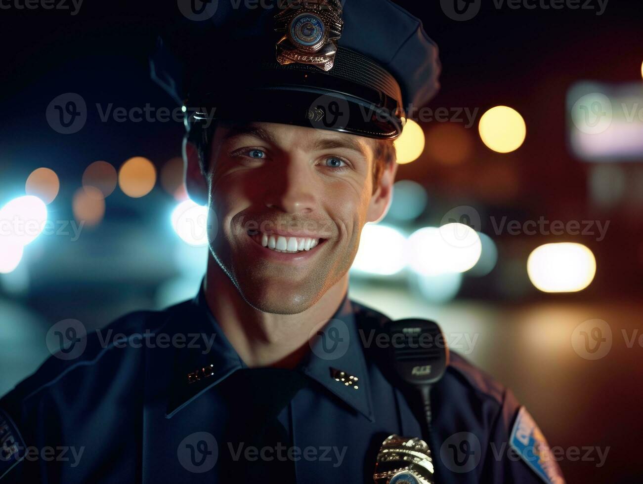 een dichtbij - omhoog schot van een glimlachen Kaukasisch mannetje Politie officier, staand vol vertrouwen met een Politie auto knippert lichten in de achtergrond. generatief ai foto