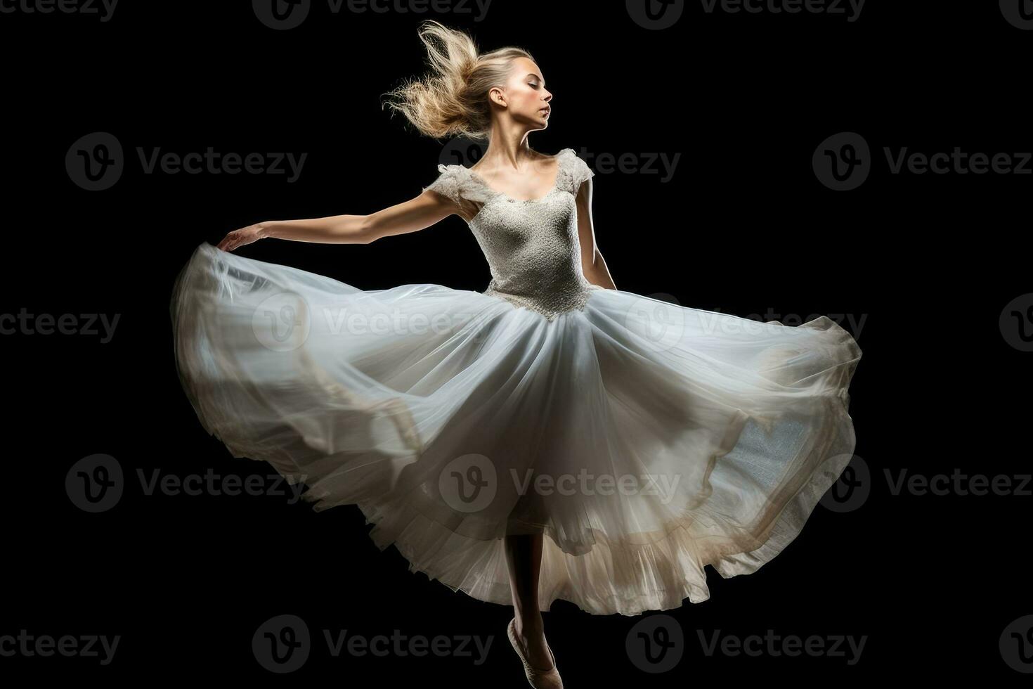 een dichtbij - omhoog schot van een ballerina in midden - lucht, bevroren in een bevallig houding. generatief ai foto