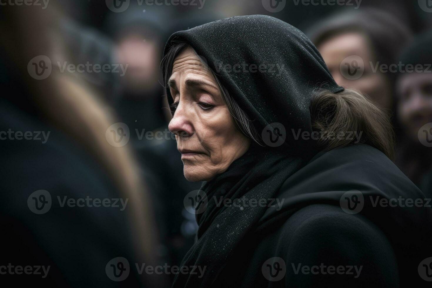 een detailopname schot van een verdrietig vrouw Bij de graf gedurende een begrafenis. generatief ai foto