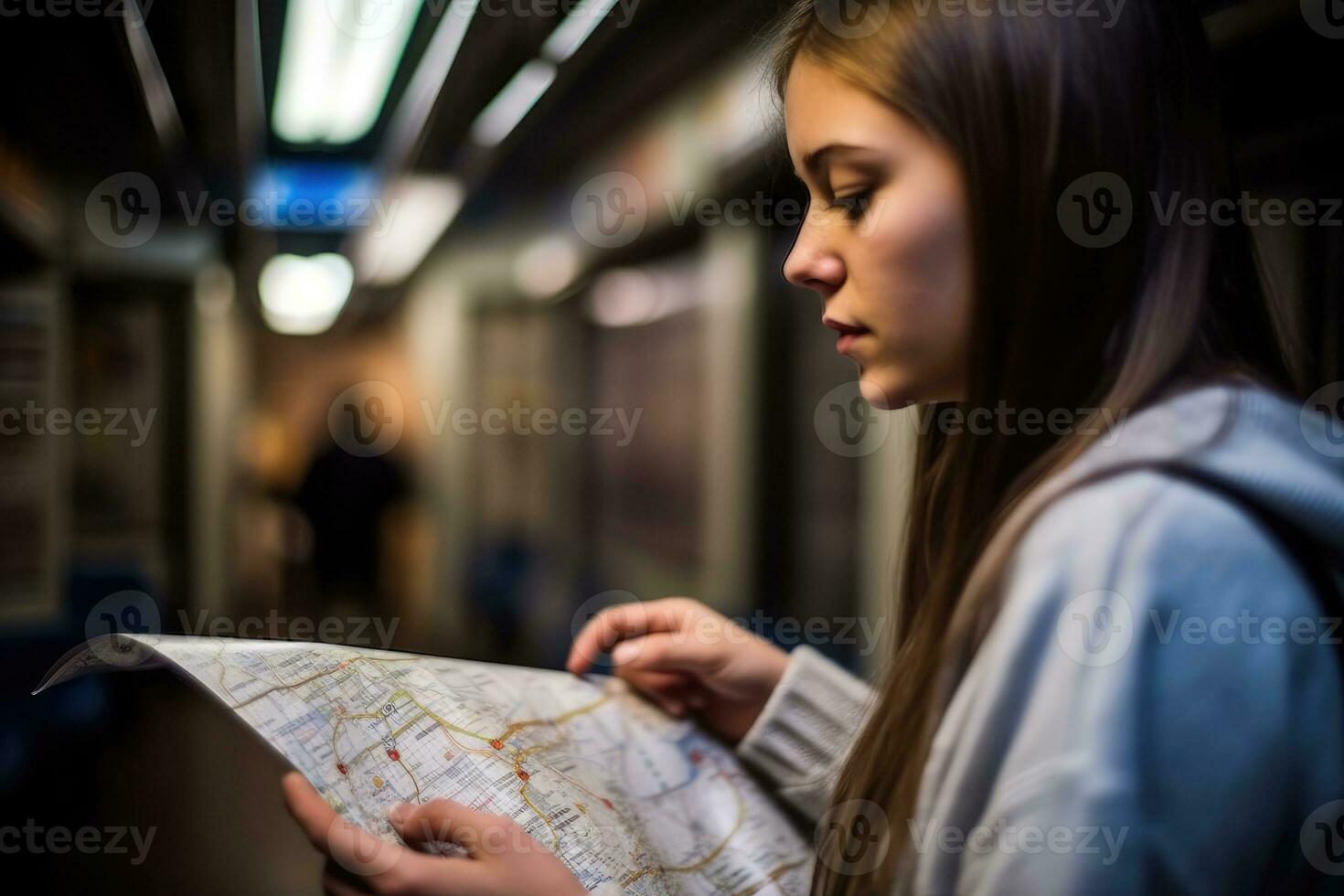 een dichtbij - omhoog schot van een vrouw Holding een metro kaart in haar handen, aan het studeren de routes en planning haar reis. generatief ai foto