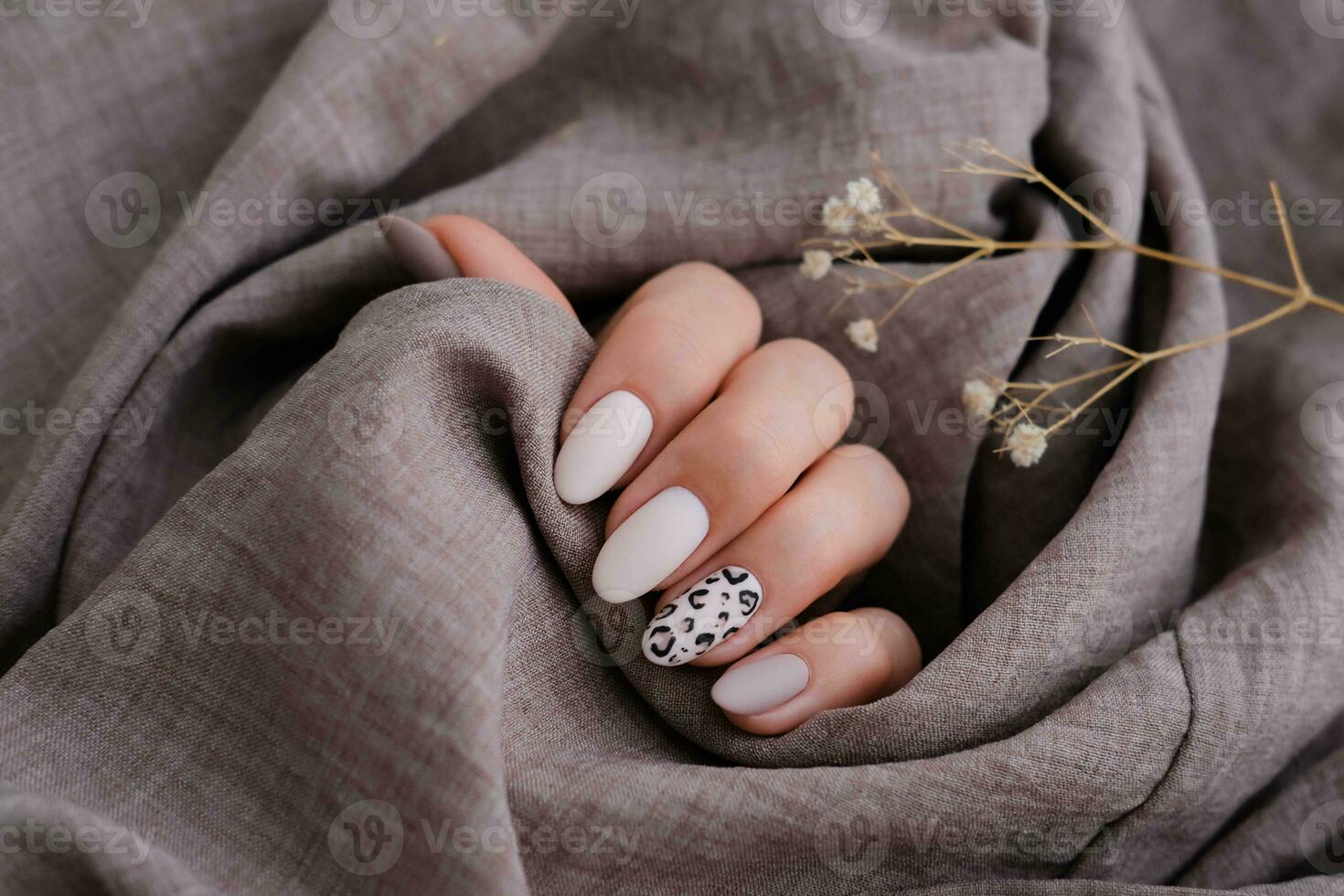 een vrouw hand- met een mooi manicure houdt een beige kleding stof en bloemen . herfst tendens, beige kleur polijsten met luipaard patroon Aan nagels met gel Pools, schellak. foto