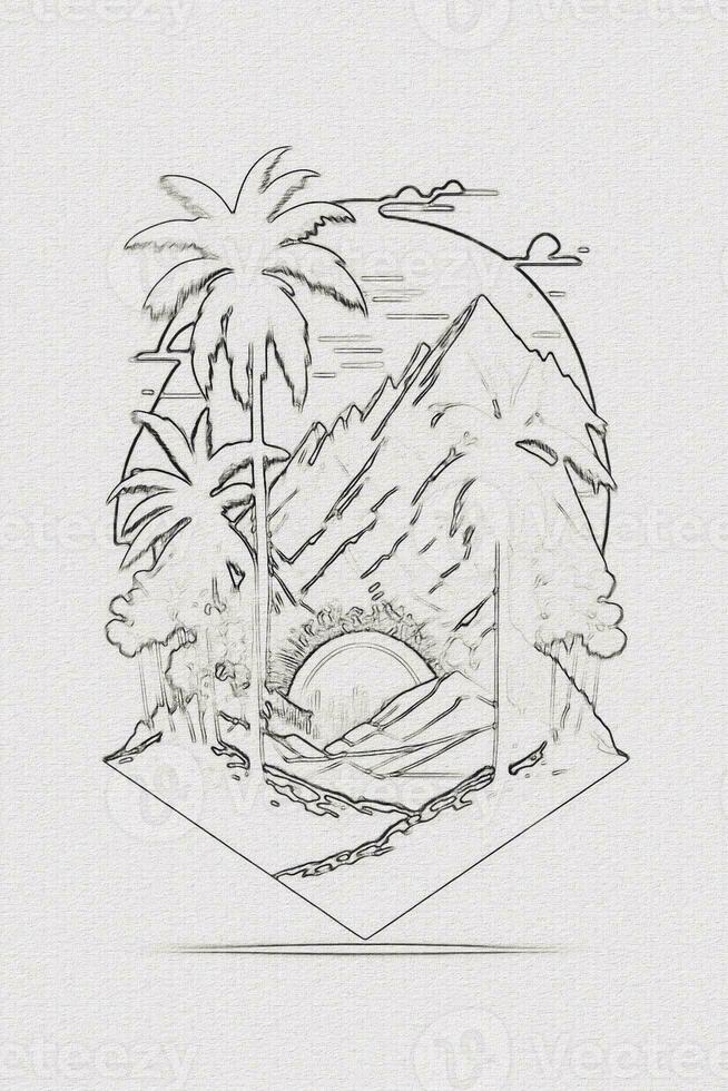 hand getekend schets schetsen van zonsondergang, berg, en palm boom illustratie voor t-shirt ontwerp foto