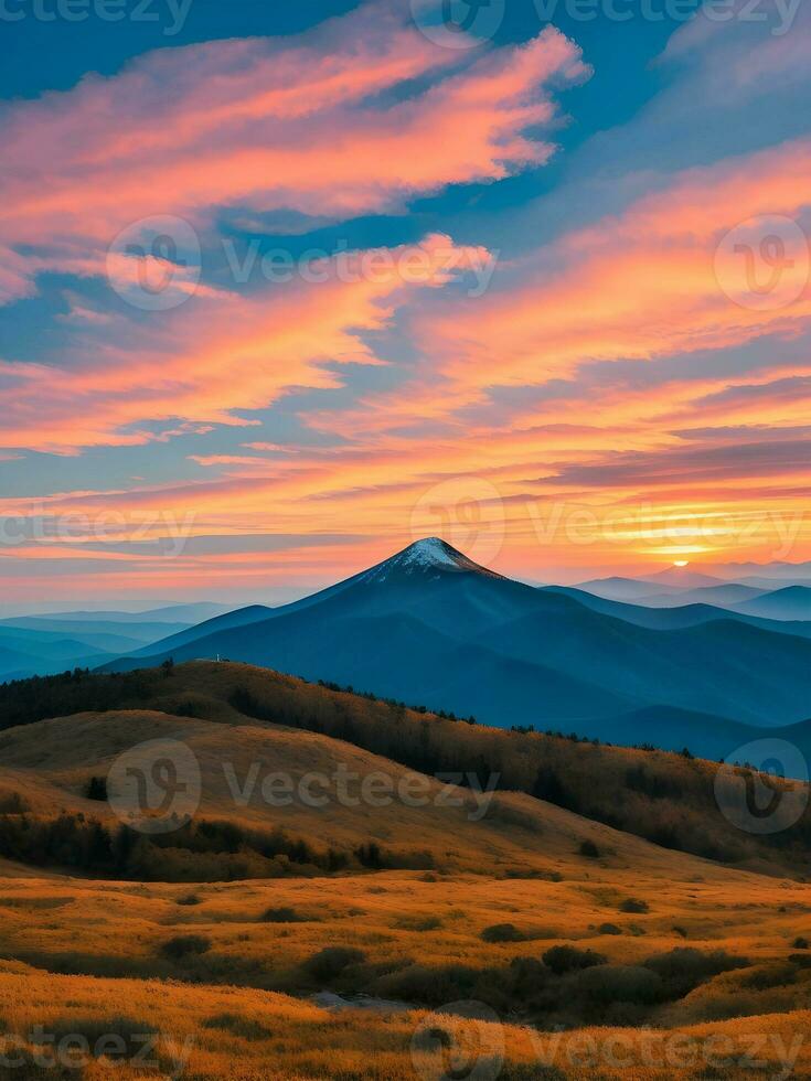 zonsondergang in de bergen met helder kleuren foto