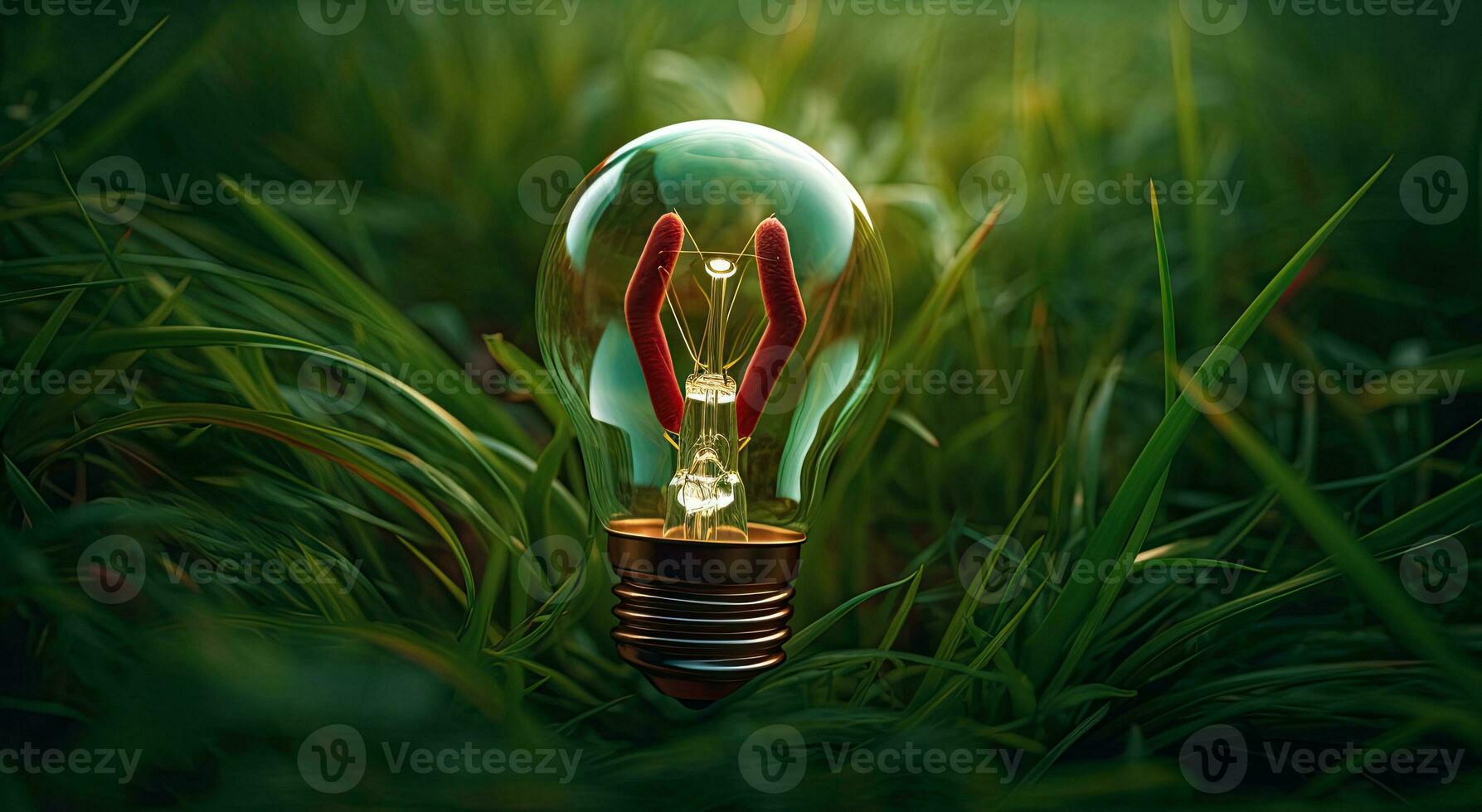 groen energie concept met licht lamp en groen bladeren. 3d weergave, groen eco energie concept met licht lamp en fabriek ai generatief foto