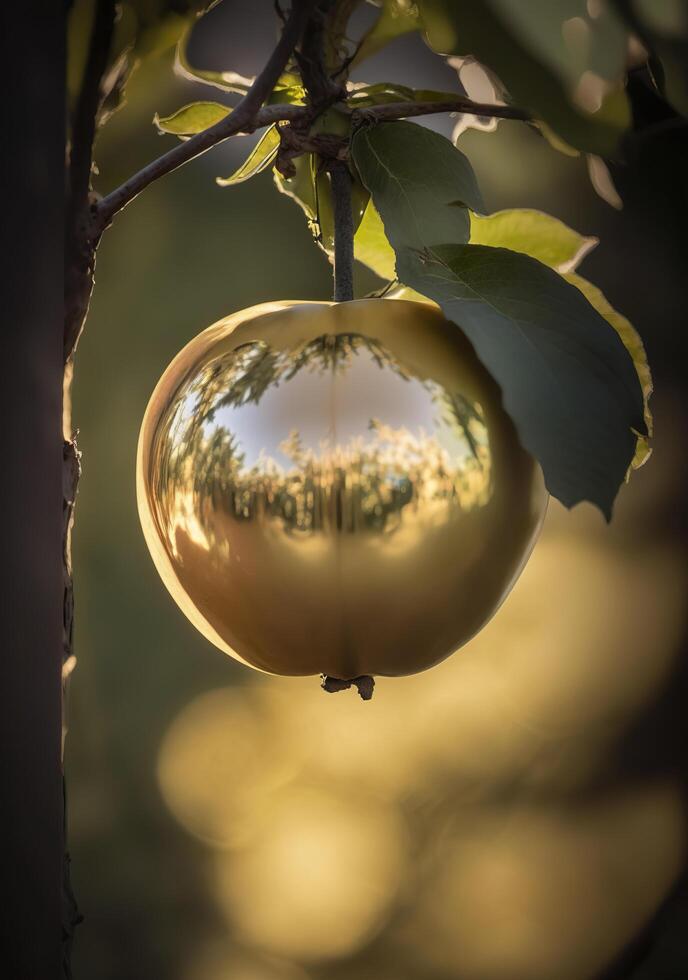 dichtbij omhoog, foto van een spiegel appel hangende in een appel boom, ai generatief