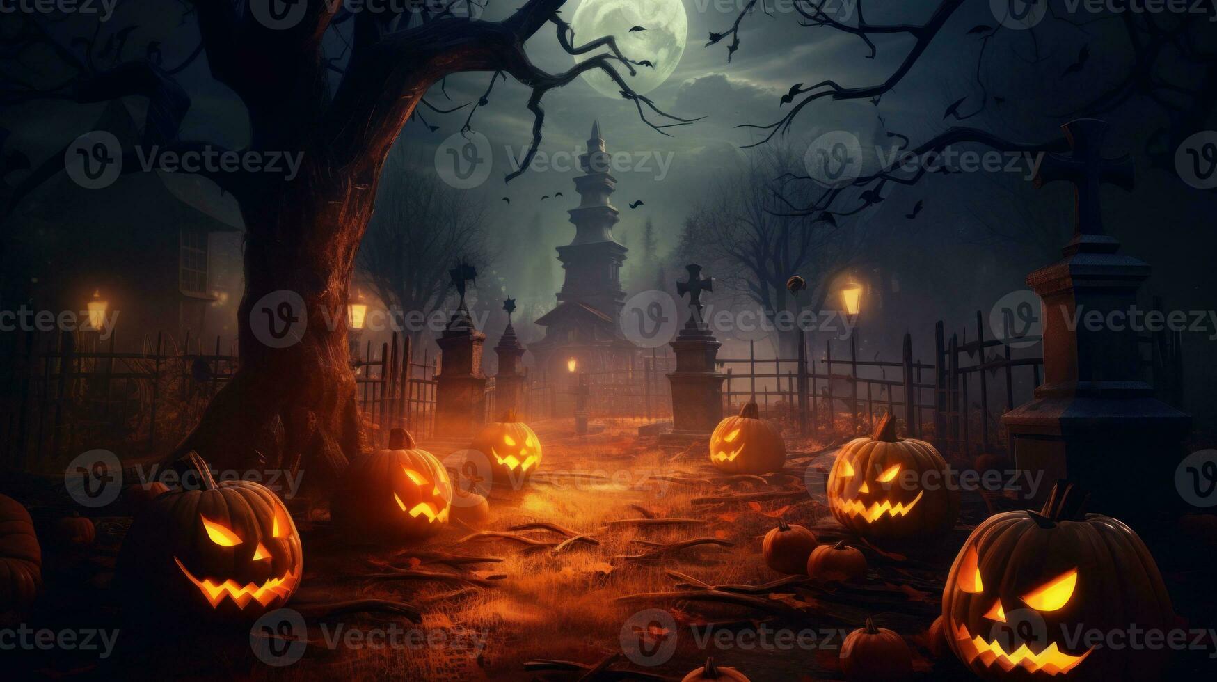 pompoenen verhelderend een Woud begraafplaats onder de nacht boom. halloween achtergrond. ai gegenereerd foto