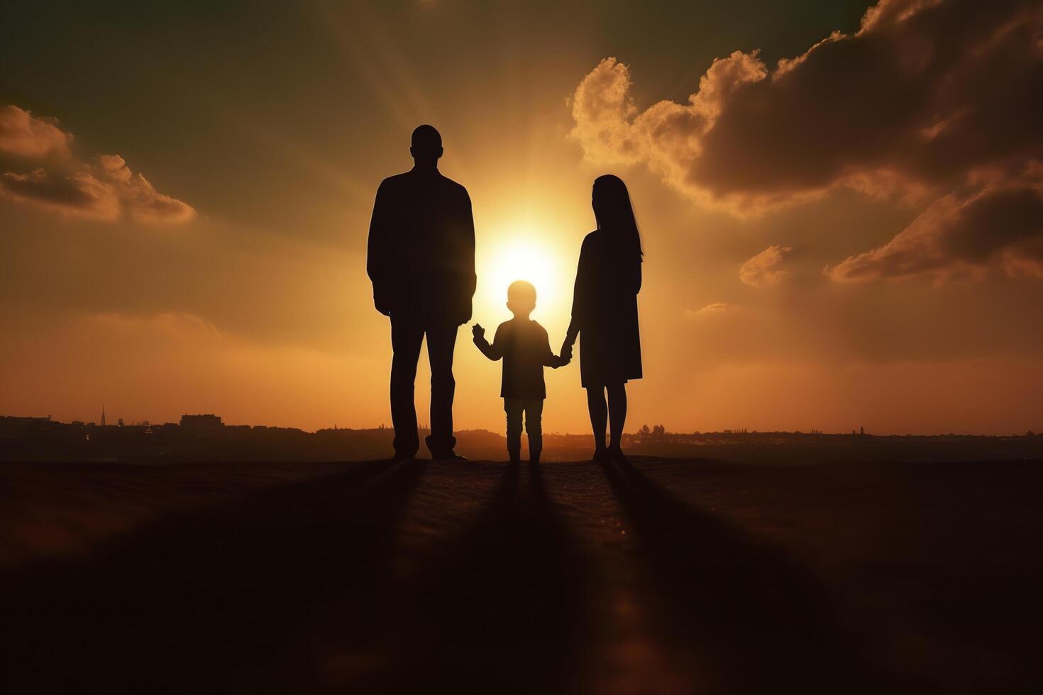 schaduw van gelukkig familie samen, ouders met hun weinig baby Bij zonsondergang. een silhouet van liefde en eenheid. ai generatief foto