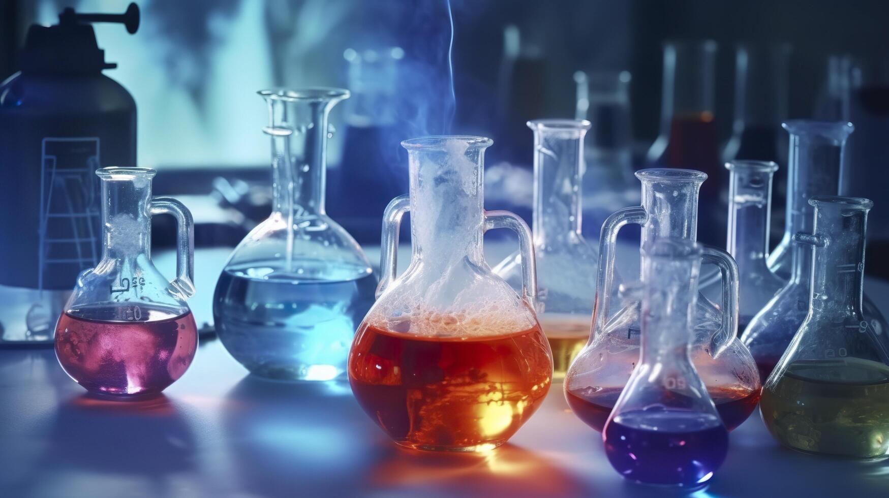 chemie experiment met laboratorium kolven. ai generatief foto