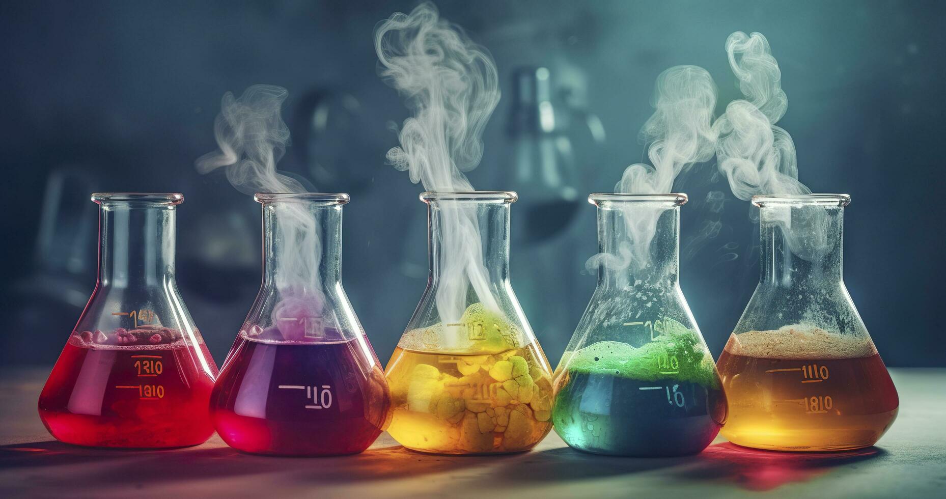 chemie experiment met laboratorium kolven. ai generatief foto