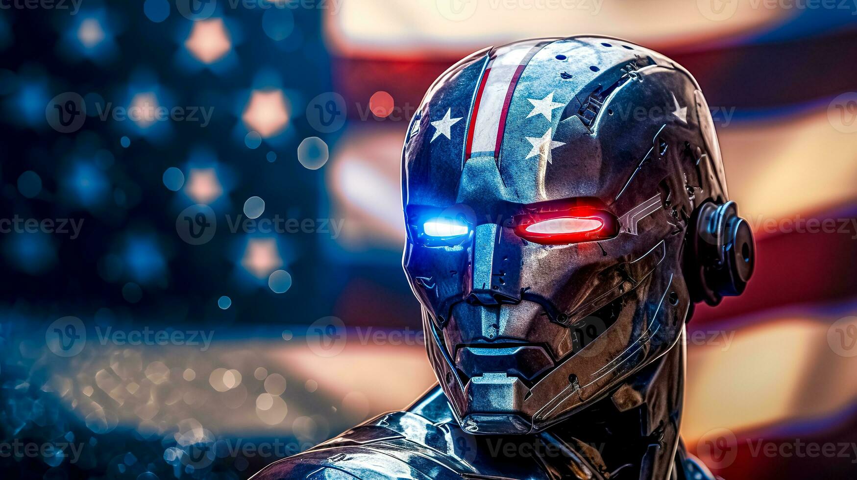 portret van robot en Amerikaans vlag in achtergrond, gemaakt met generatief ai foto