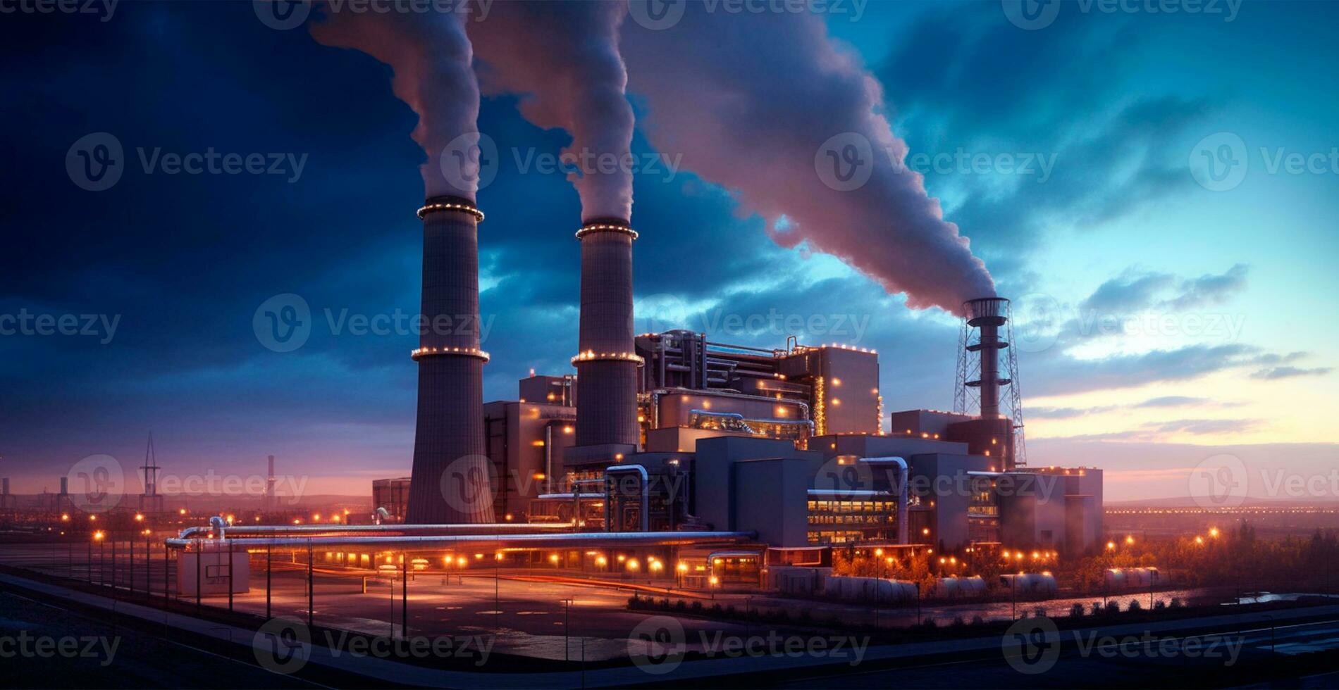 fabriek industrieel pijpen vervuilen de atmosfeer, schoorsteen uitlaat gassen, dik trekjes van rook ai gegenereerd beeld foto