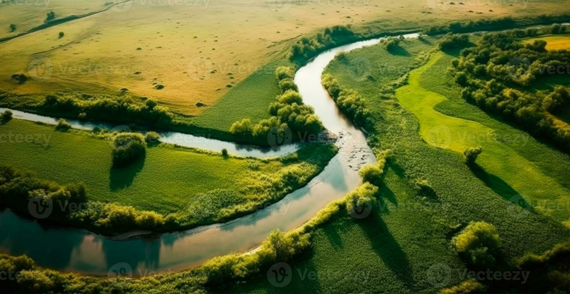 panoramisch top visie van een kronkelend rivier- omringd door dicht Woud en ruim velden met groen gras - ai gegenereerd beeld foto