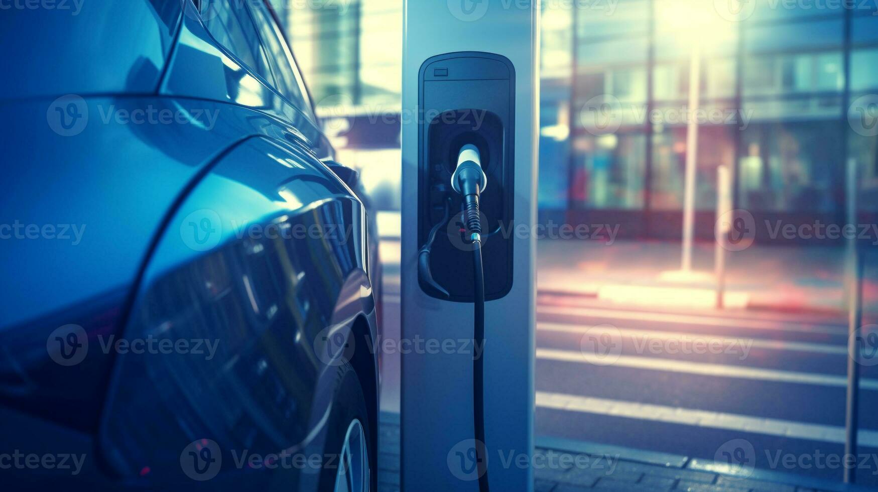 ev auto macht opladen. elektrisch voertuig met elektrisch connector Bij station. generatief ai foto