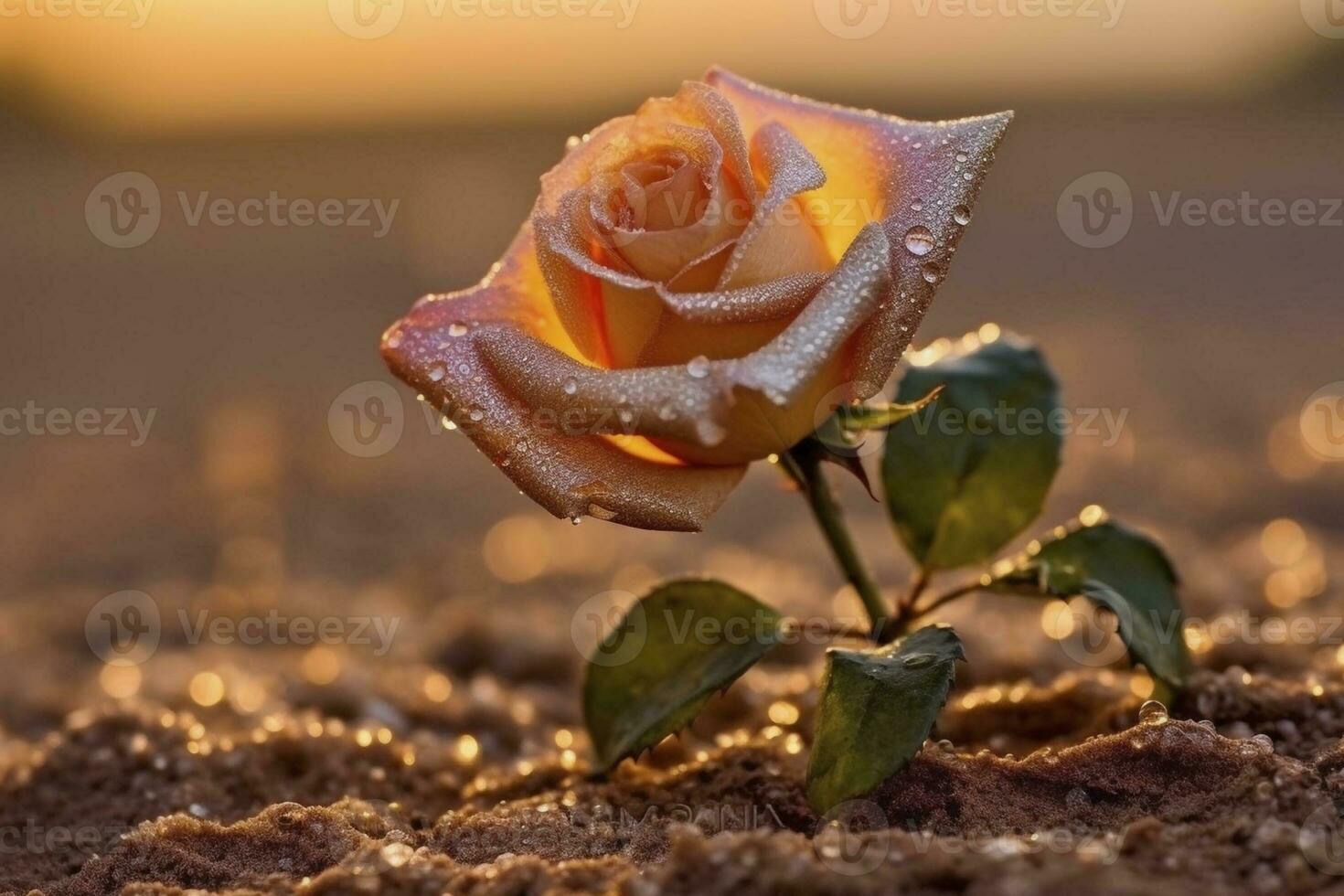 roos met regendruppels groeit in de woestijn, gemaakt met generatief ai foto