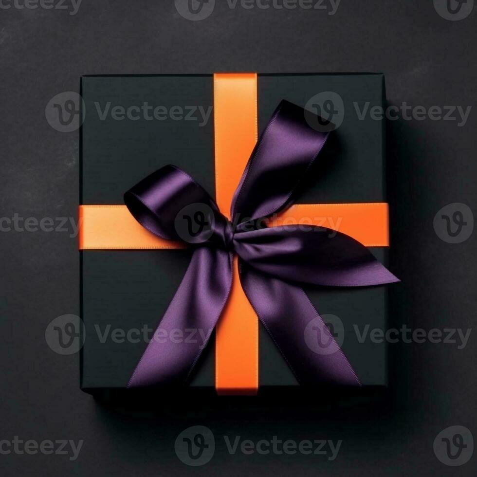 top visie Bij zwart geschenk doos met oranje en Purper linten, gemaakt met generatief ai foto