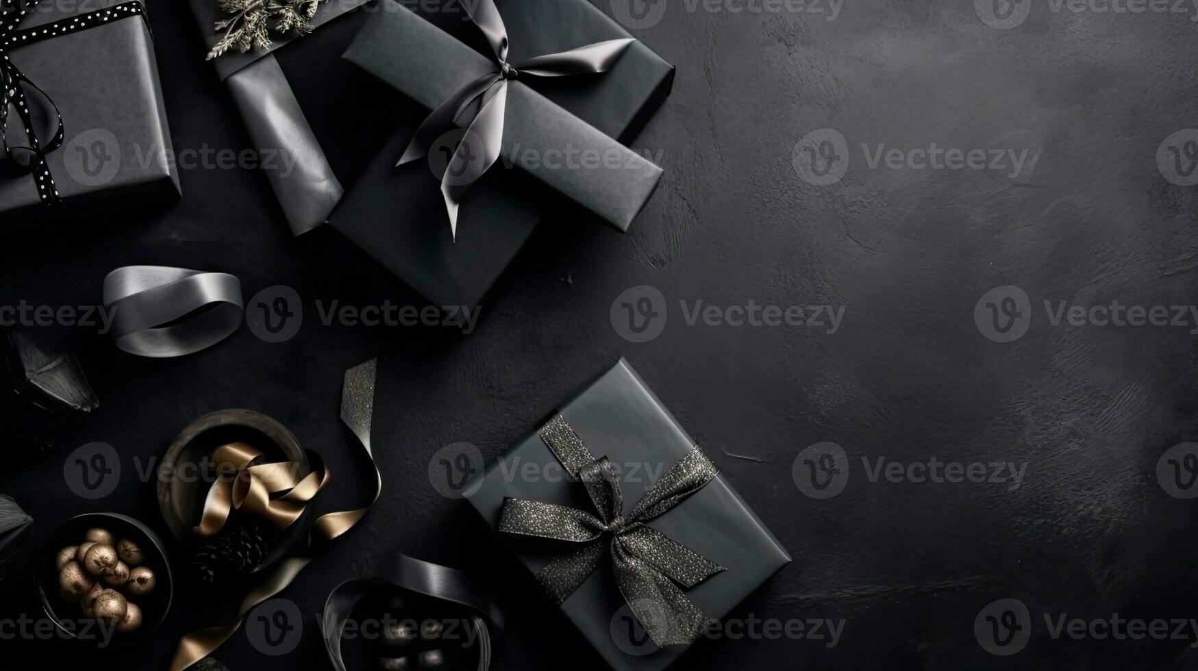 zwart vrijdag uitverkoop banier met concept ontwerp van geschenk doos en zwart plakband Aan zwart achtergrond, ai generatief foto