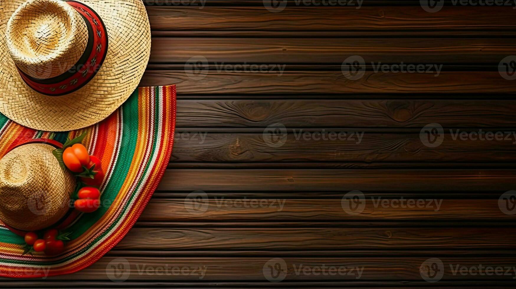 cinco de mayo met ronde hoed en cinco de mayo ornament Aan hout achtergrond, ai generatief foto