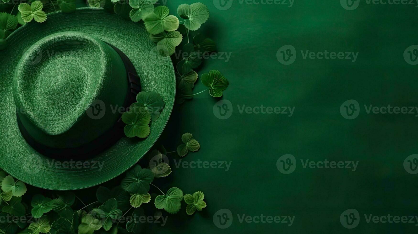 st. Patrick achtergrond met groen hoed en groen bladeren ornament, ai generatief foto