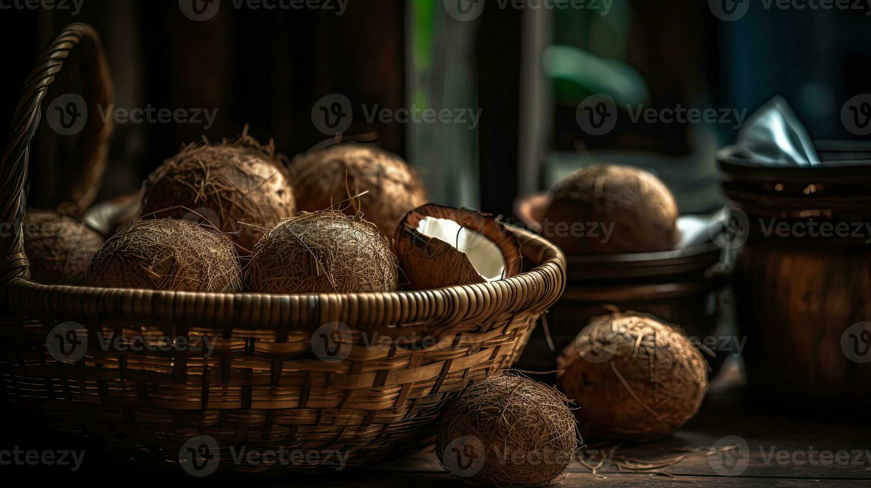 kokosnoten fruit in een bamboe mand met wazig achtergrond, ai generatief foto