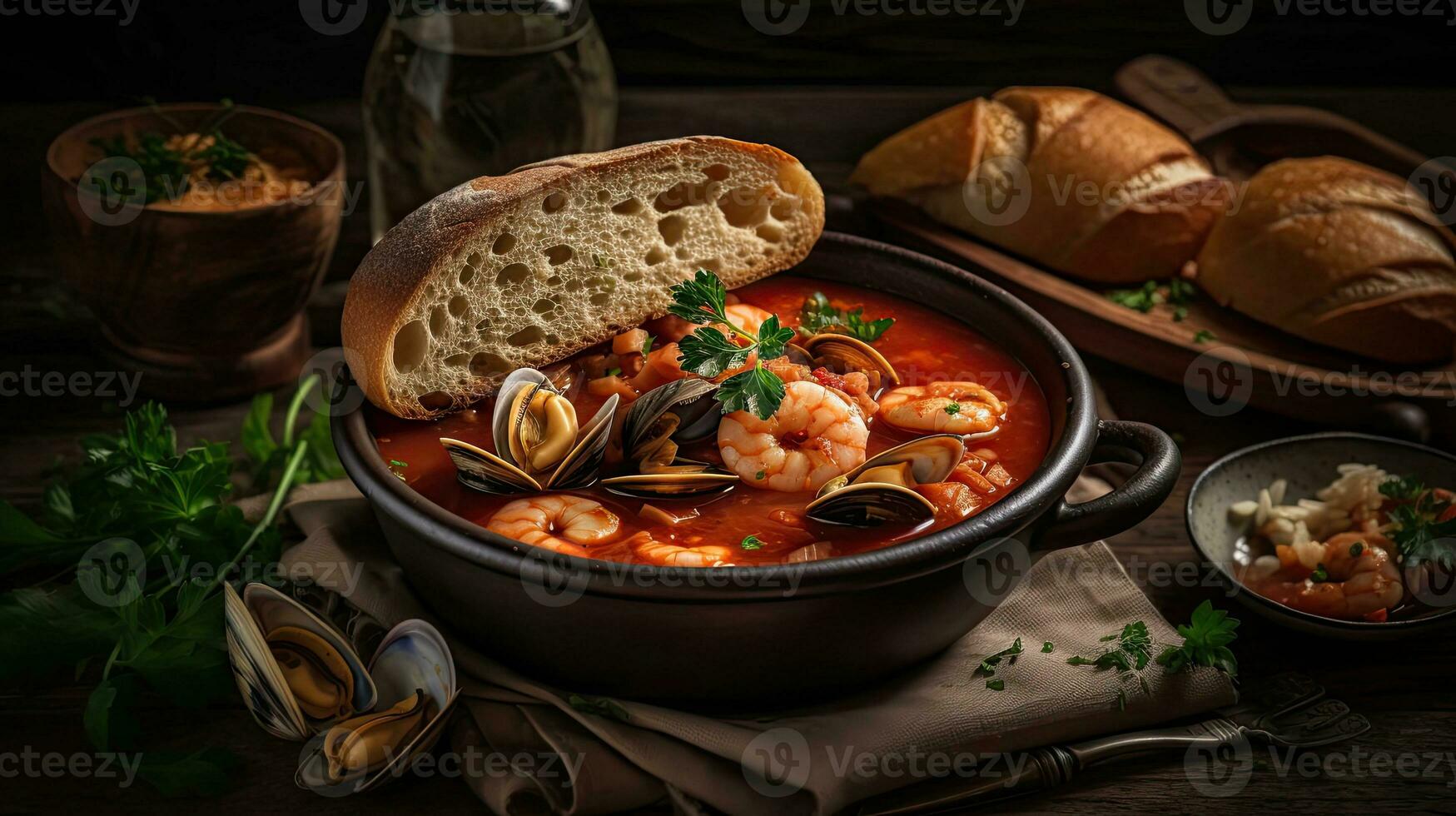 dichtbij omhoog pittig rood cioppino soep met clam vlees Aan een zwart bord en vervagen achtergrond, ai generatief foto