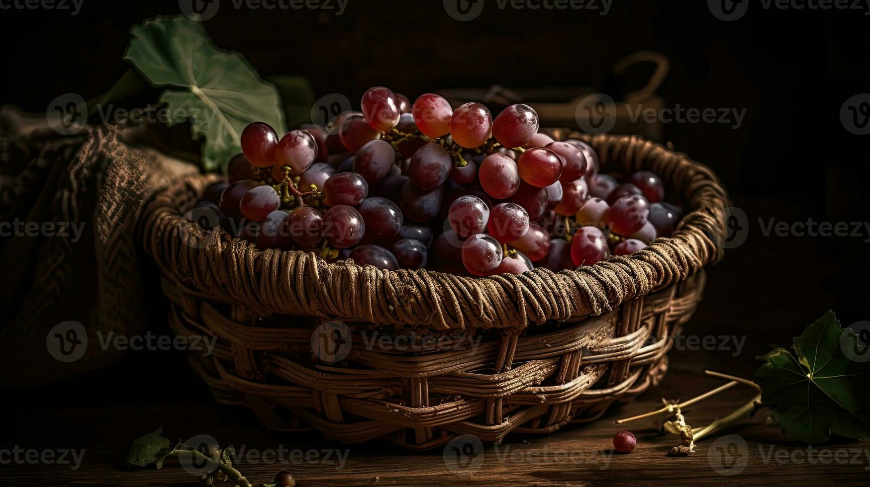 druif fruit Aan bamboe mand met wazig achtergrond, ai generatief foto