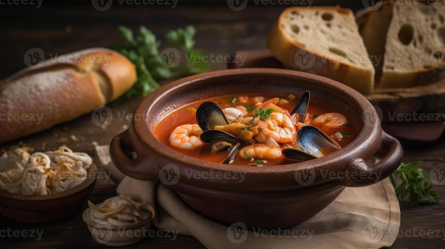 dichtbij omhoog cioppino soep met clam vlees Aan een zwart bord en vervagen achtergrond, ai generatief foto