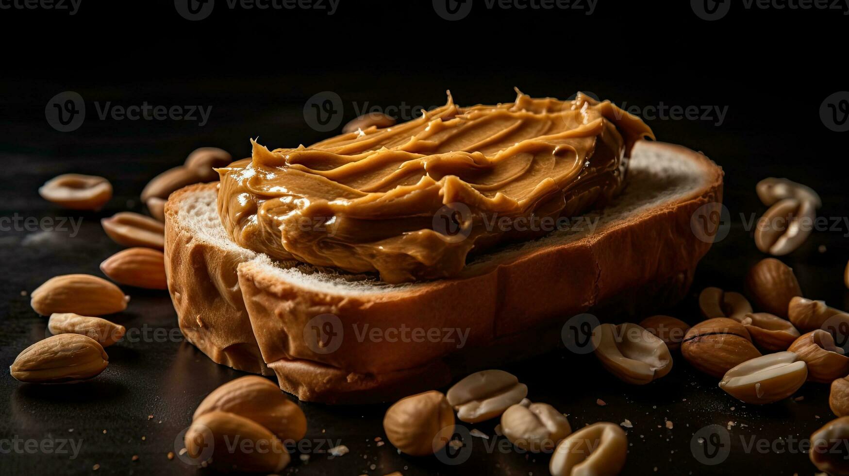 zoet pinda boter boterhammen met besprenkeld pinda pitten Aan houten tafel met vervagen achtergrond, ai generatief foto