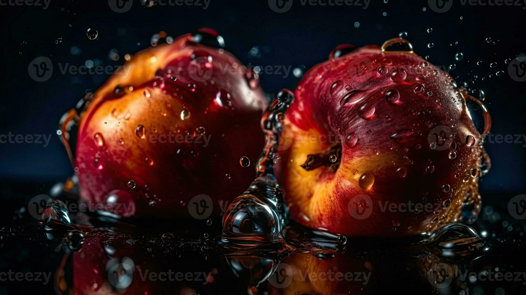 nectarine raken door spatten van water met zwart vervagen achtergrond, ai generatief foto