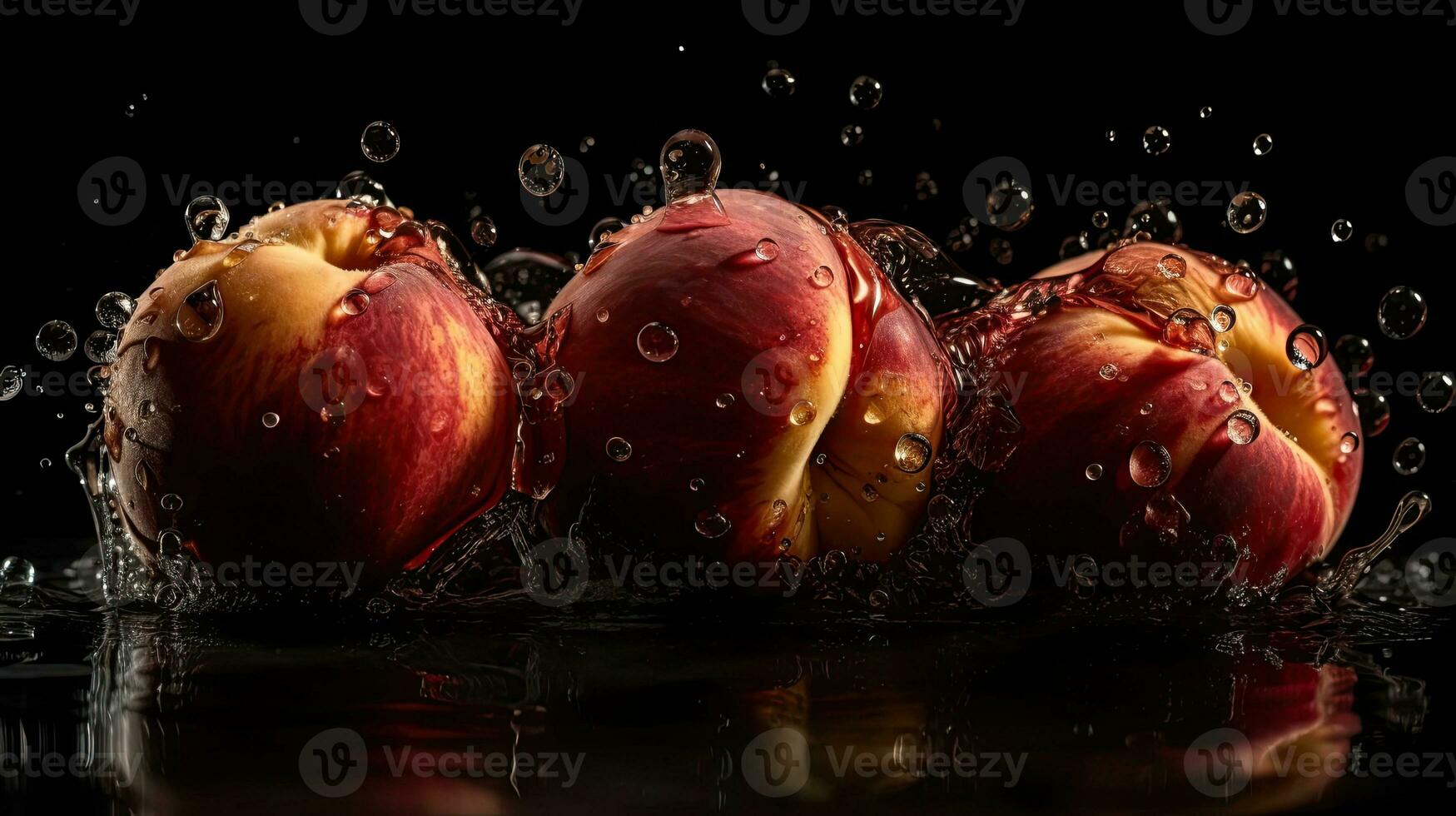 nectarine raken door spatten van water met zwart vervagen achtergrond, ai generatief foto