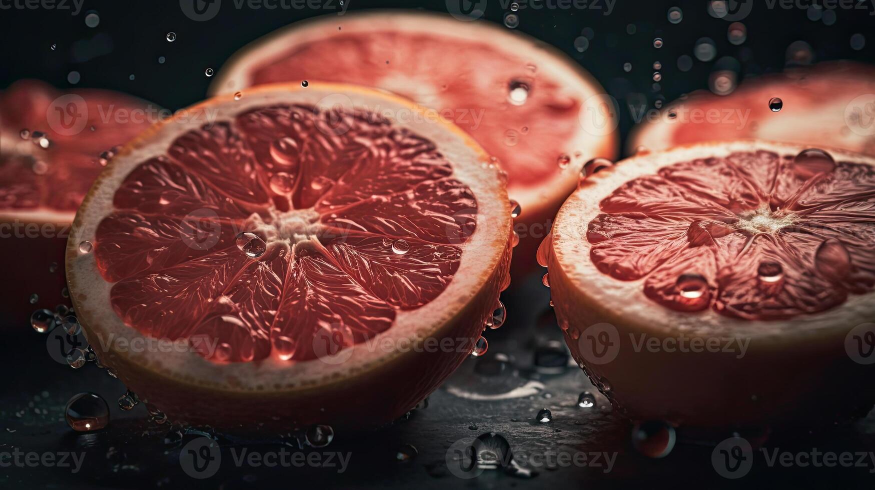 grapefruits raken door spatten van water met zwart vervagen achtergrond, ai generatief foto