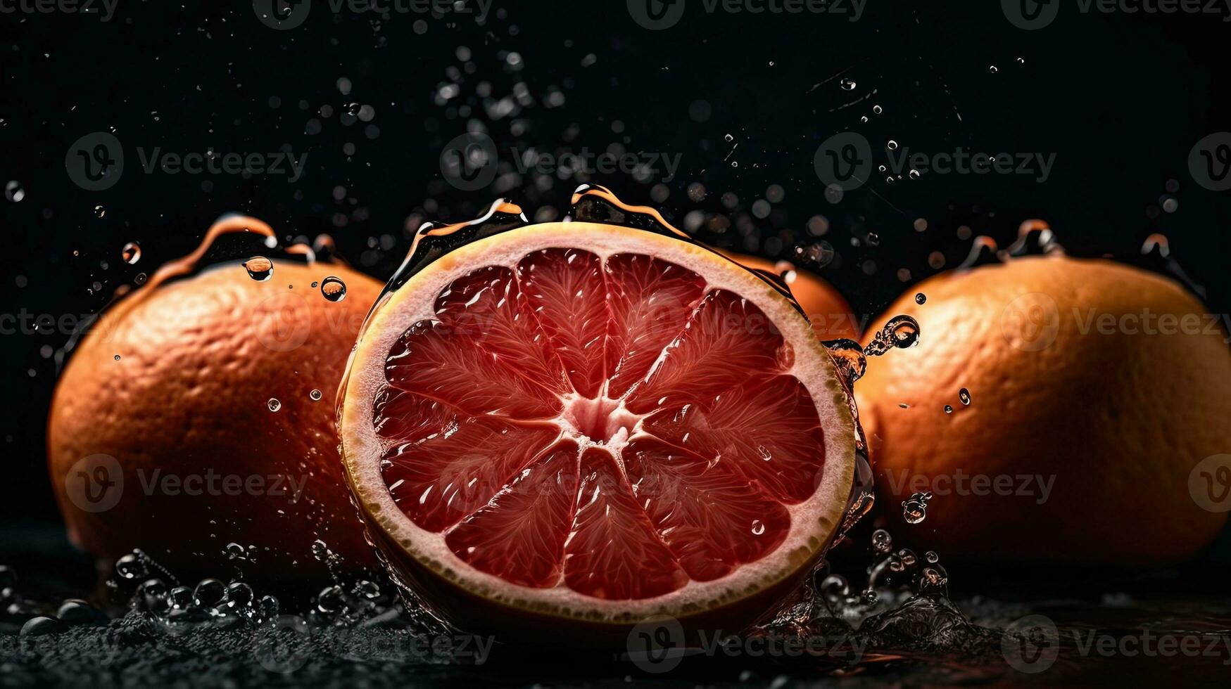 grapefruits raken door spatten van water met zwart vervagen achtergrond, ai generatief foto