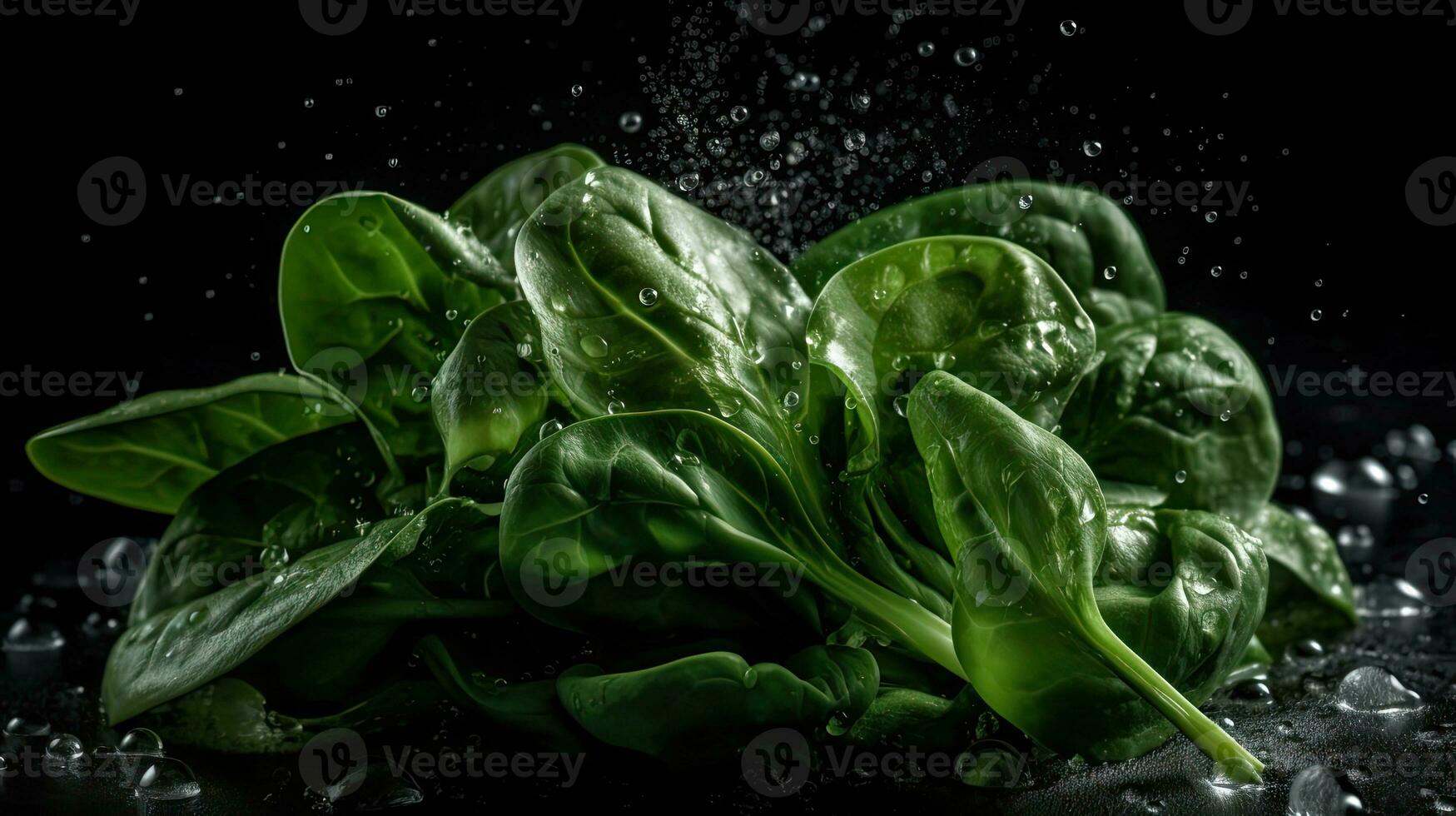 groen spinazie raken door spatten van water met zwart vervagen achtergrond, ai generatief foto