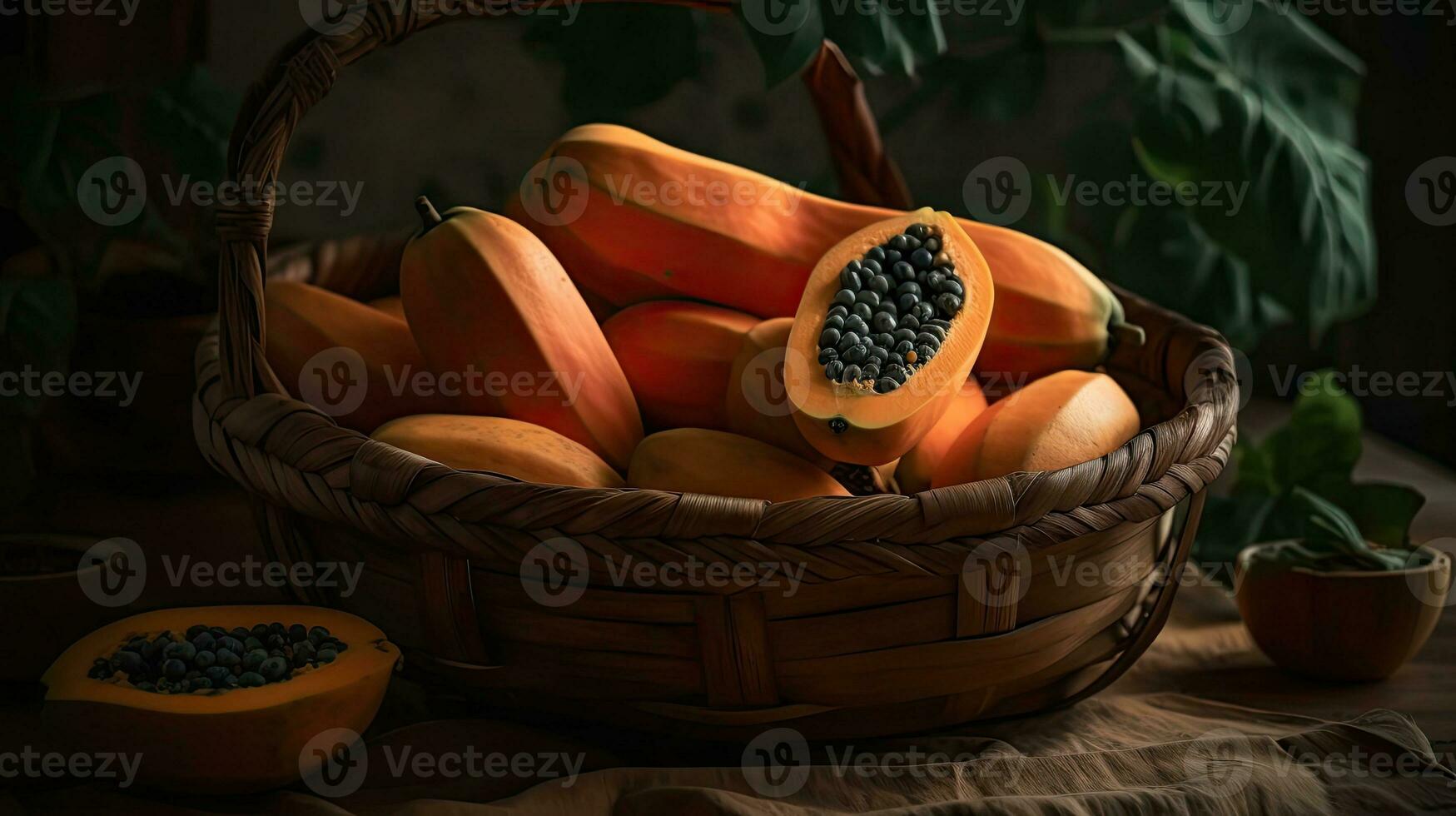 papaja fruit in een bamboe mand met vervagen achtergrond, ai generatief foto