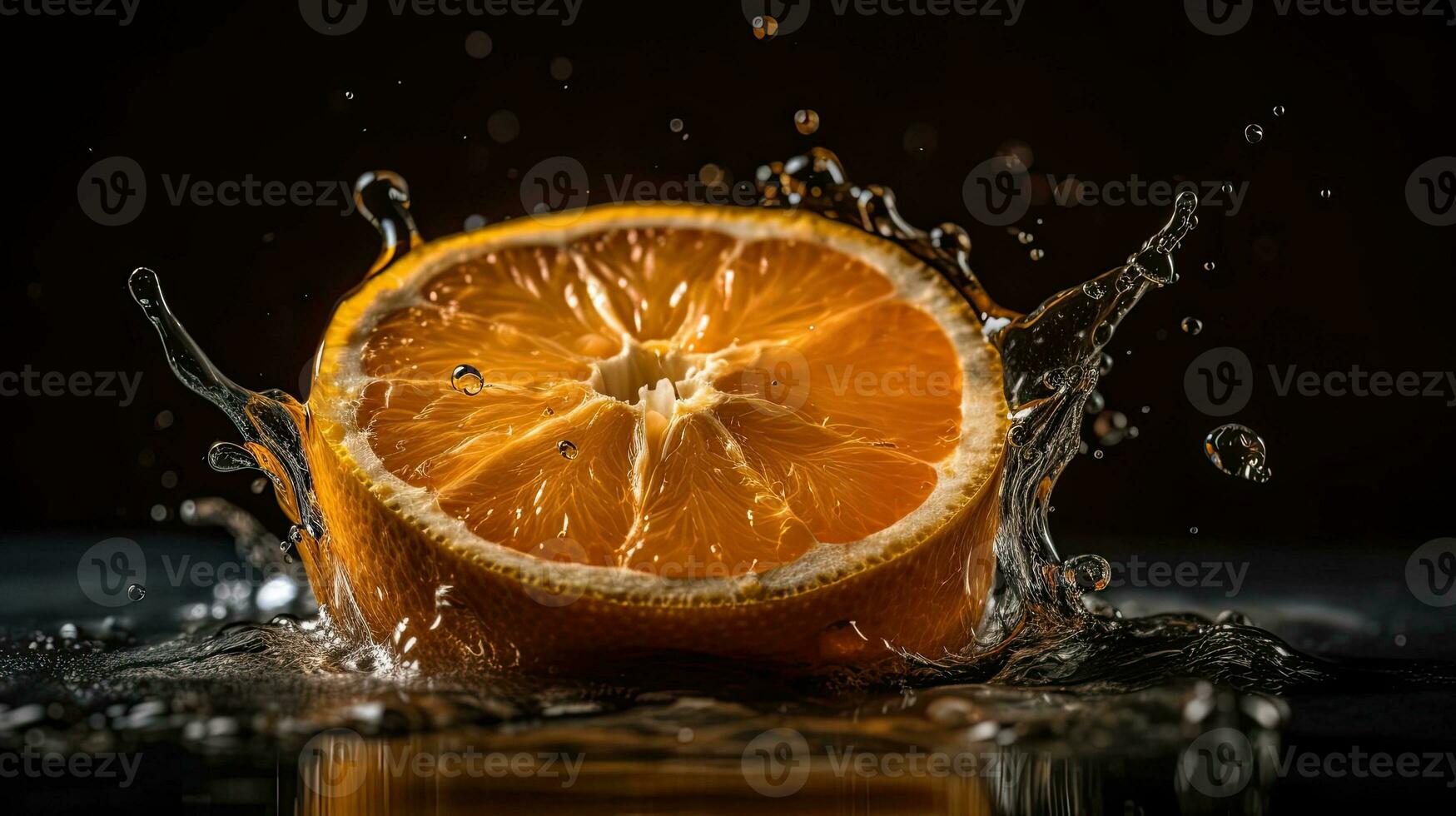 detailopname van gesneden oranje fruit raken door spatten van water met zwart vervagen achtergrond, ai generatief foto