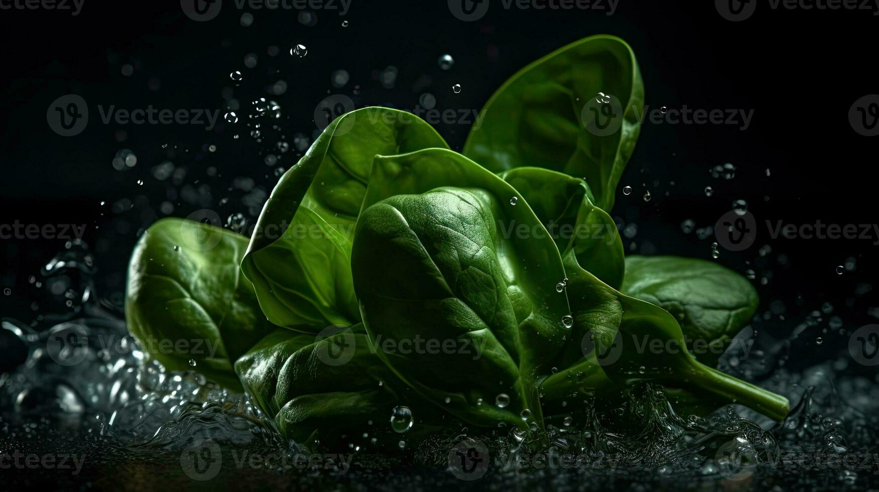 detailopname vers groen spinazie raken door spatten van water met zwart vervagen achtergrond, ai generatief foto