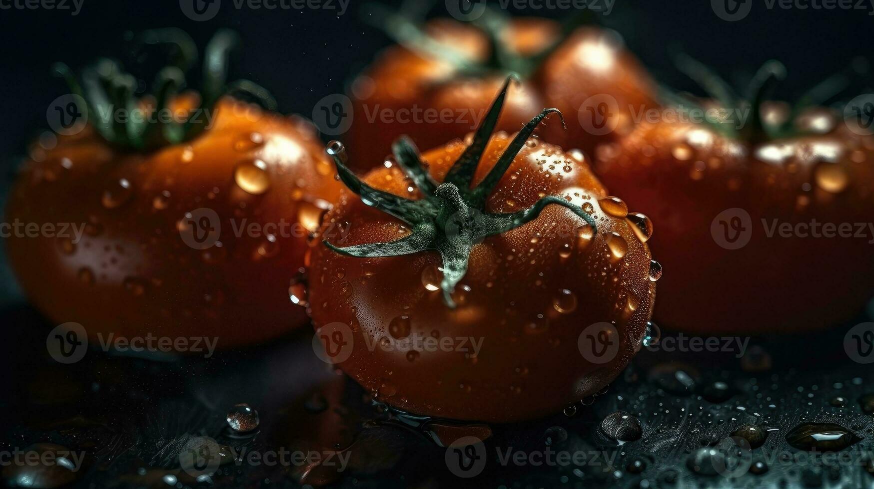 tomaat raken door spatten van water met zwart vervagen achtergrond, ai generatief foto