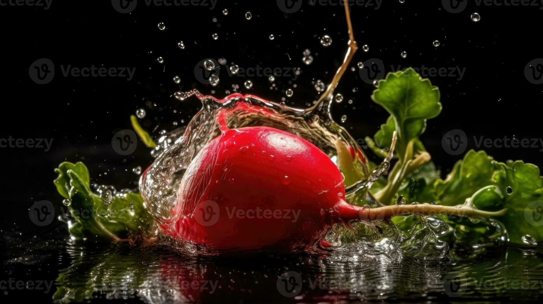 radijs met groen blad raken door spatten van water met zwart vervagen achtergrond, ai generatief foto