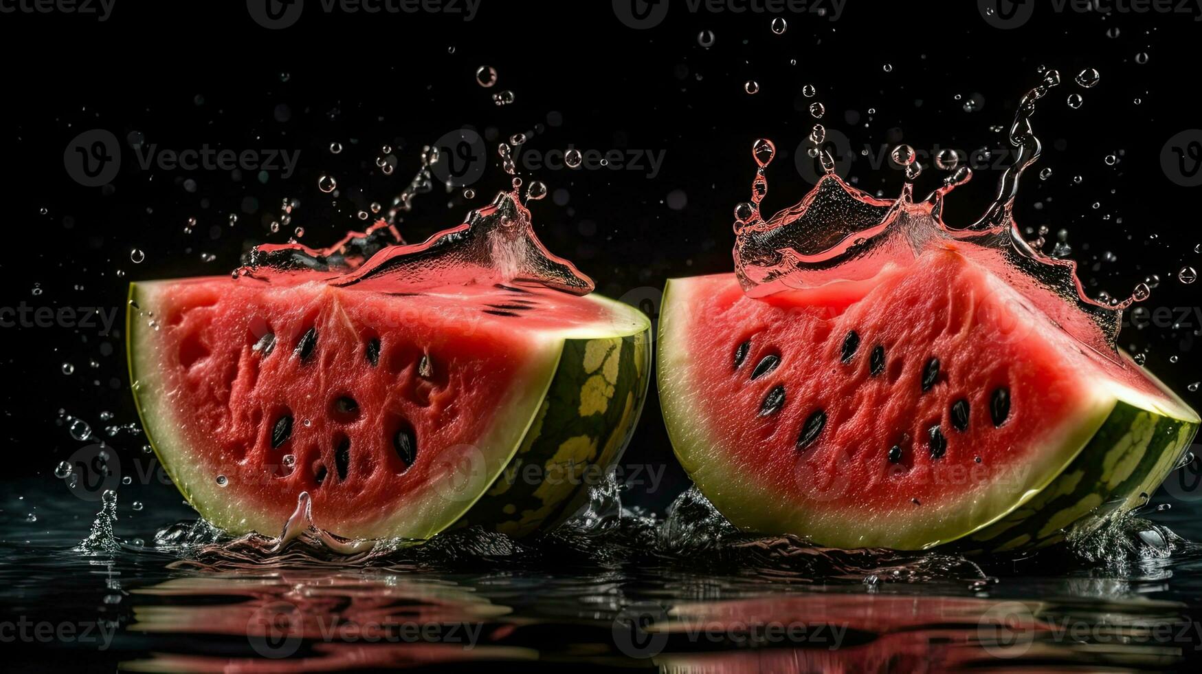 watermeloen raken door spatten van water met zwart vervagen achtergrond, ai generatief foto