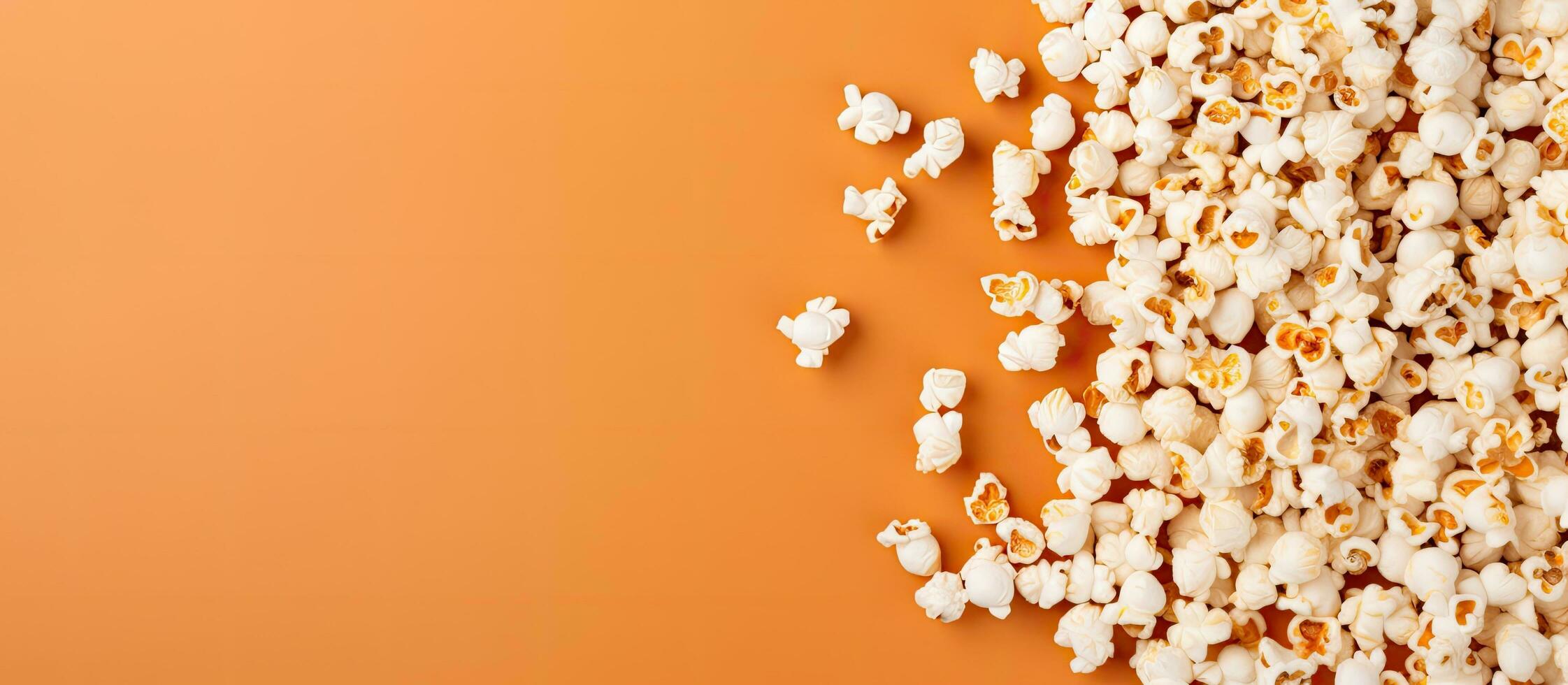 foto van een stapel van popcorn Aan een levendig oranje achtergrond met genoeg van kopiëren ruimte met kopiëren ruimte