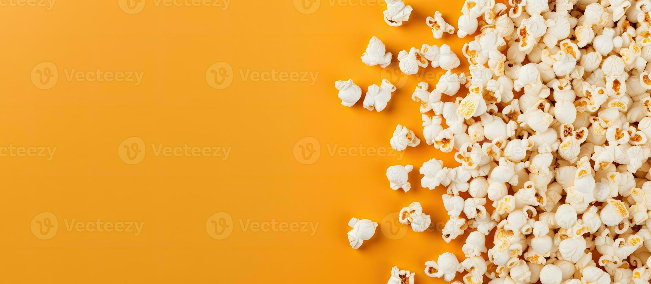 foto van een kleurrijk stapel van popcorn Aan een levendig geel tafel met genoeg van ruimte voor uw eigen bericht of ontwerp met kopiëren ruimte