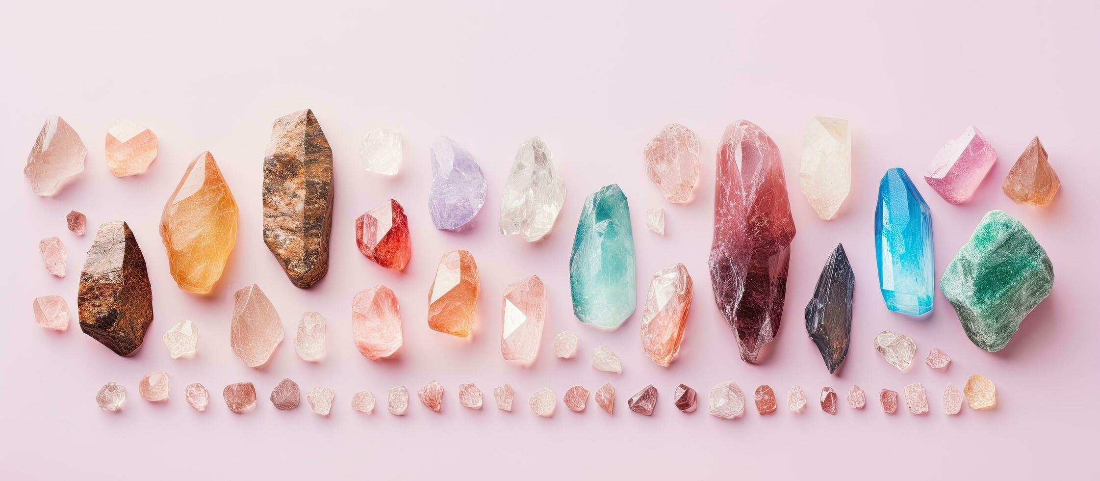 foto van een levendig verzameling van kleurrijk Kristallen Aan een zacht roze backdrop met kopiëren ruimte
