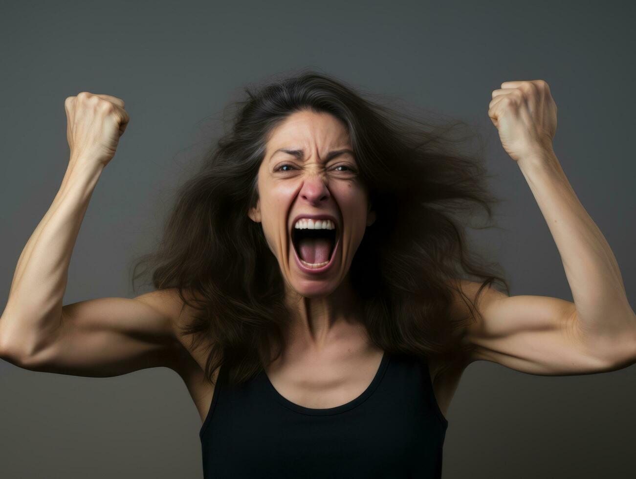 studio schot van middelbare leeftijd vrouw dynamisch emotioneel gebaren ai generatief foto