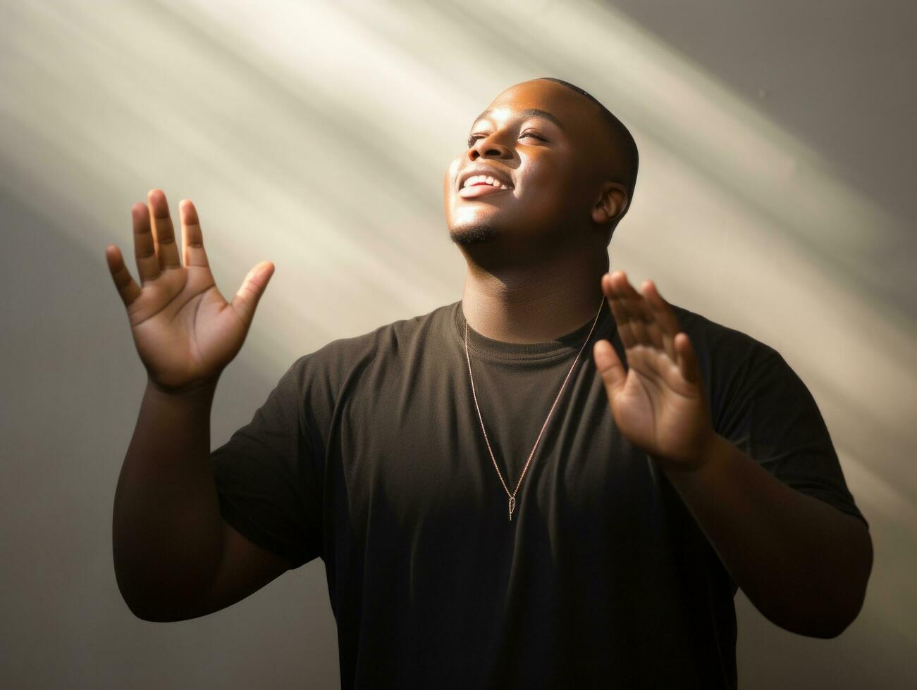 studio schot van plus grootte Afrikaanse Mens dynamisch emotioneel gebaren ai generatief foto