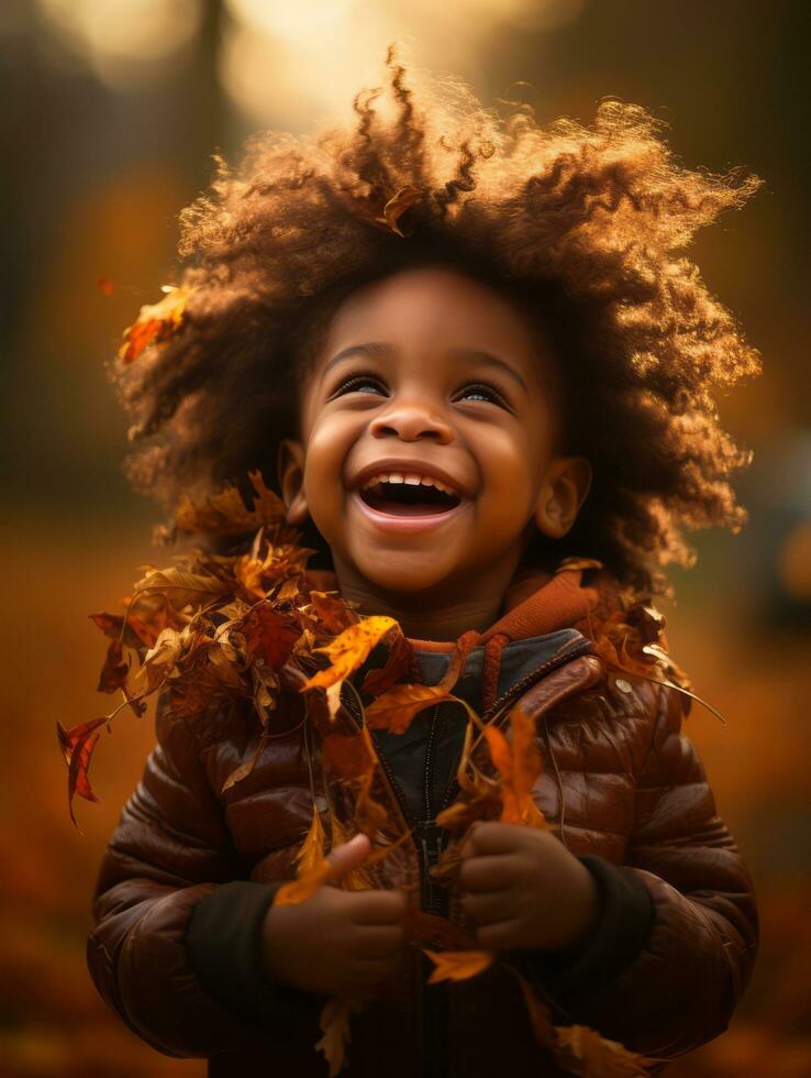 emotioneel dynamisch gebaren Afrikaanse kind in herfst ai generatief foto