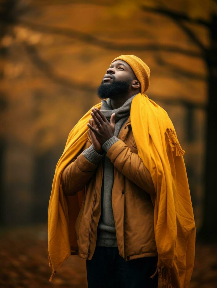 Afrikaanse Mens in emotioneel dynamisch houding Aan herfst achtergrond ai generatief foto