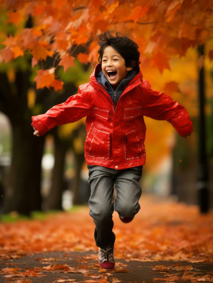 Aziatisch kind in emotioneel dynamisch houding Aan herfst achtergrond ai generatief foto