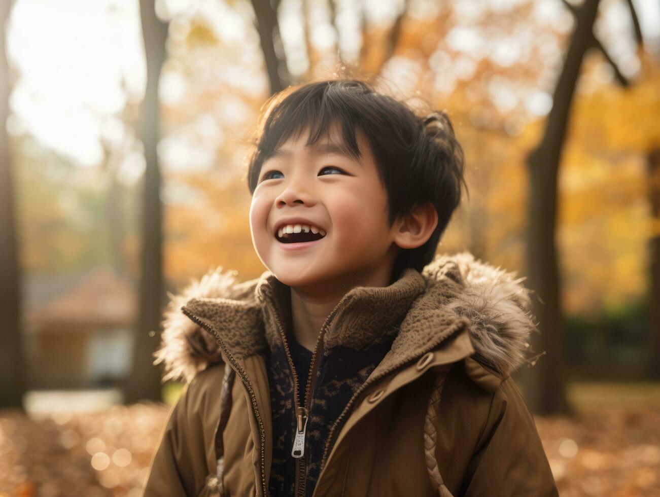 Aziatisch kind in emotioneel dynamisch houding Aan herfst achtergrond ai generatief foto